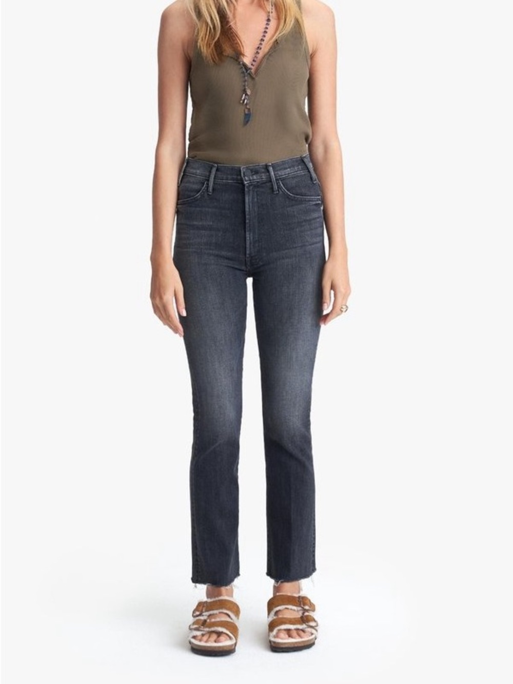 Mother The Hustler Ankle Fray Flare Jeans Black Night Owl Raw Hem 32